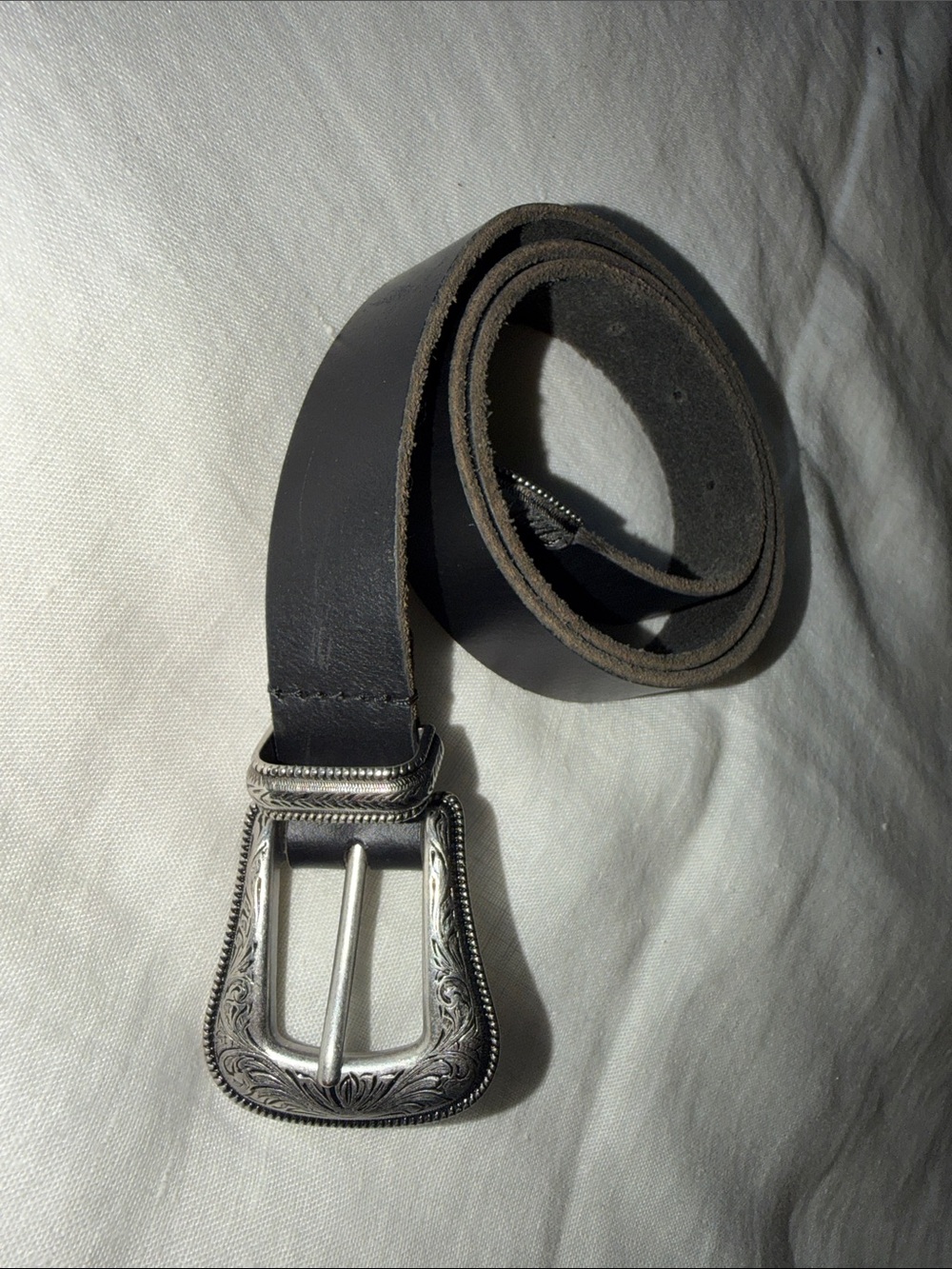 Women’s Black Leather Belt with Ornate Silver Buckle Western Style